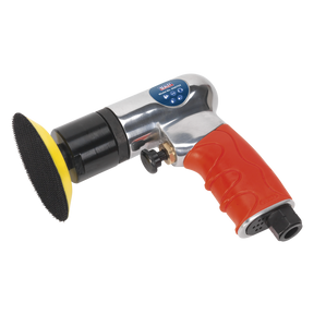 Introducing the Sealey Air Polisher Ø75mm - GSA722, a compact, air-powered tool featuring a red ergonomic, textured grip handle, a powerful air motor, and a distinctive yellow-and-black polishing pad.