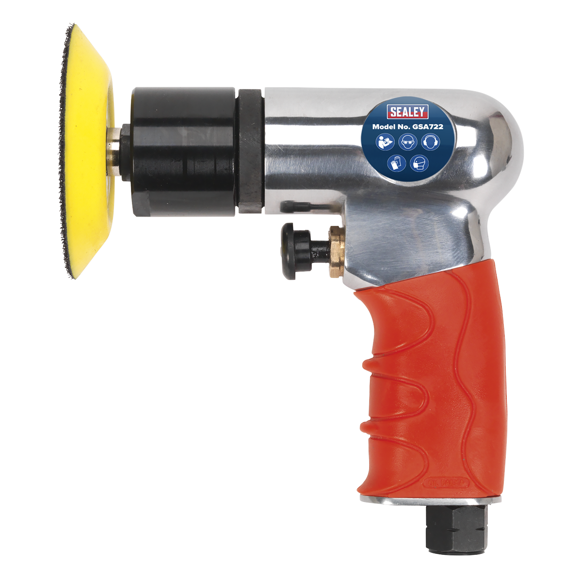 A handheld pneumatic tool with a textured red grip and a circular yellow pad is pictured. Crafted from lightweight aluminium alloy, the label on the tool reads "Sealey Air Polisher Ø75mm - GSA722".