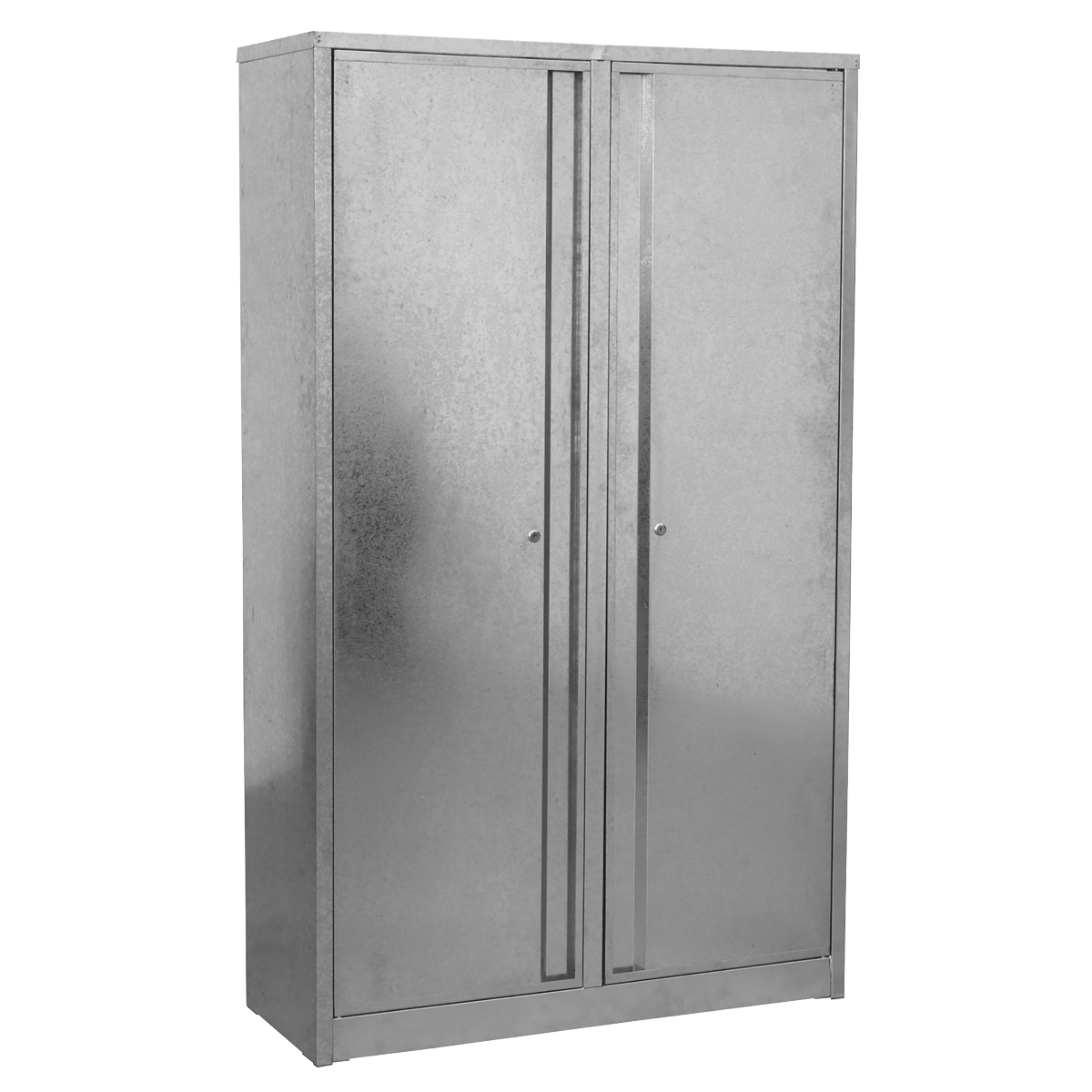 The Sealey Galvanized Steel Floor Cabinet 4-Shelf Extra-Wide - GSC110385 is a metallic storage cabinet with lockable double doors, featuring a simple, smooth finish and full-length handles. Crafted from galvanized steel, it also includes adjustable shelves for versatile storage options.