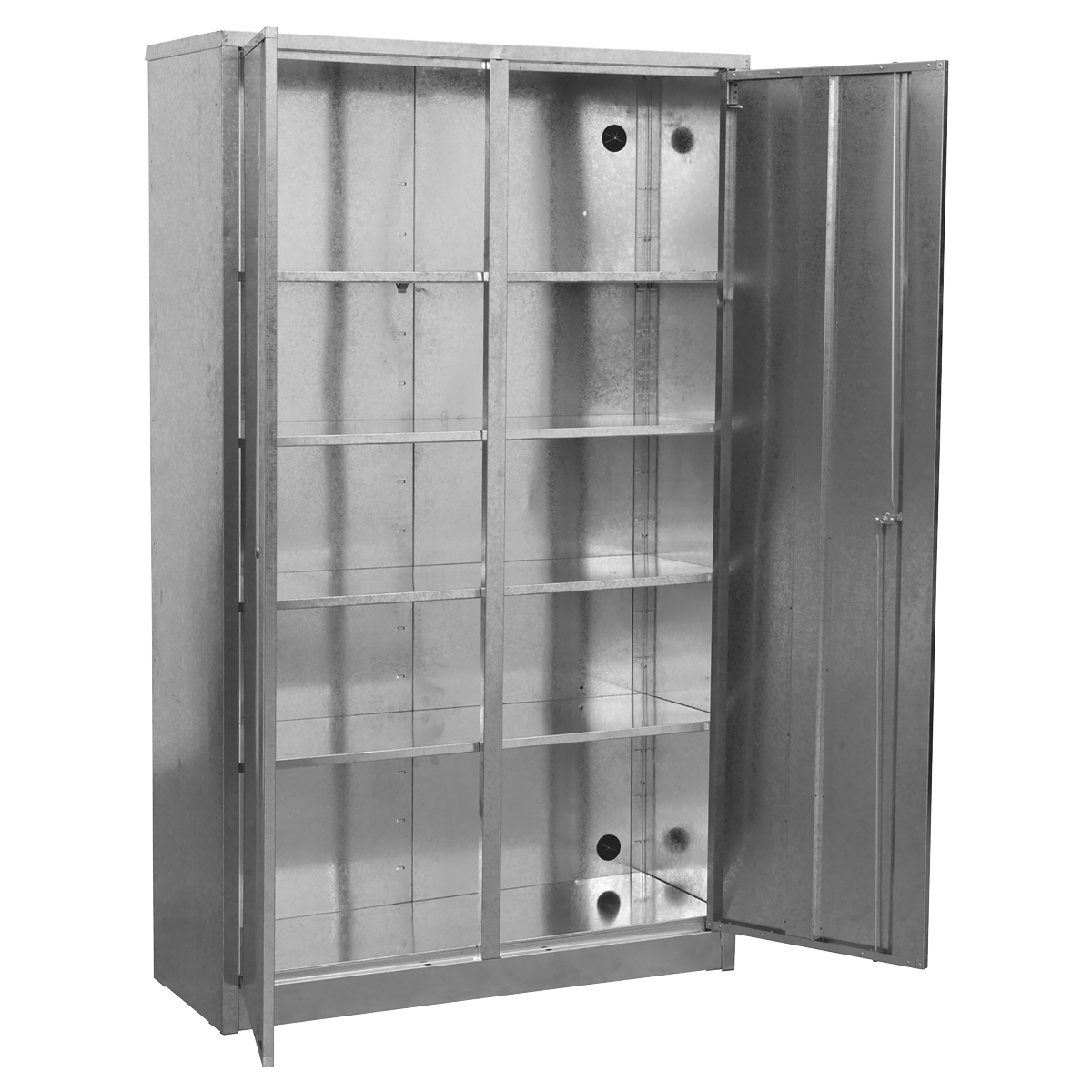 The Sealey Galvanized Steel Floor Cabinet 4-Shelf Extra-Wide - GSC110385 features one door open, showcasing multiple adjustable shelves inside. Both the exterior and interior are adorned with a sleek galvanized finish.