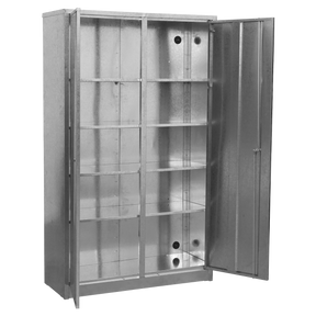 The Sealey Galvanized Steel Floor Cabinet 4-Shelf Extra-Wide - GSC110385 features one door open, showcasing multiple adjustable shelves inside. Both the exterior and interior are adorned with a sleek galvanized finish.