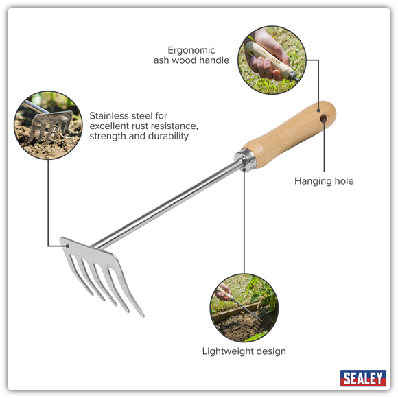 Premier Garden Hand Rake with Short Ash Handle & Stainless Steel Tines - SE-GTWH020