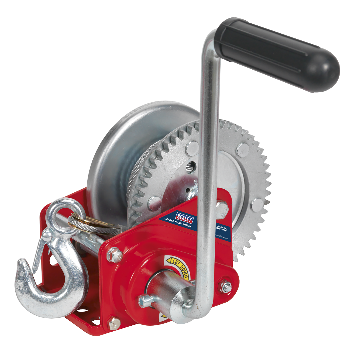 The Sealey Geared Hand Winch with Brake & Cable 540kg Capacity - GWC1200B, featuring a hardened steel gear, metallic hook, black handle, and an automatic brake system, is ideal for recovery operations.