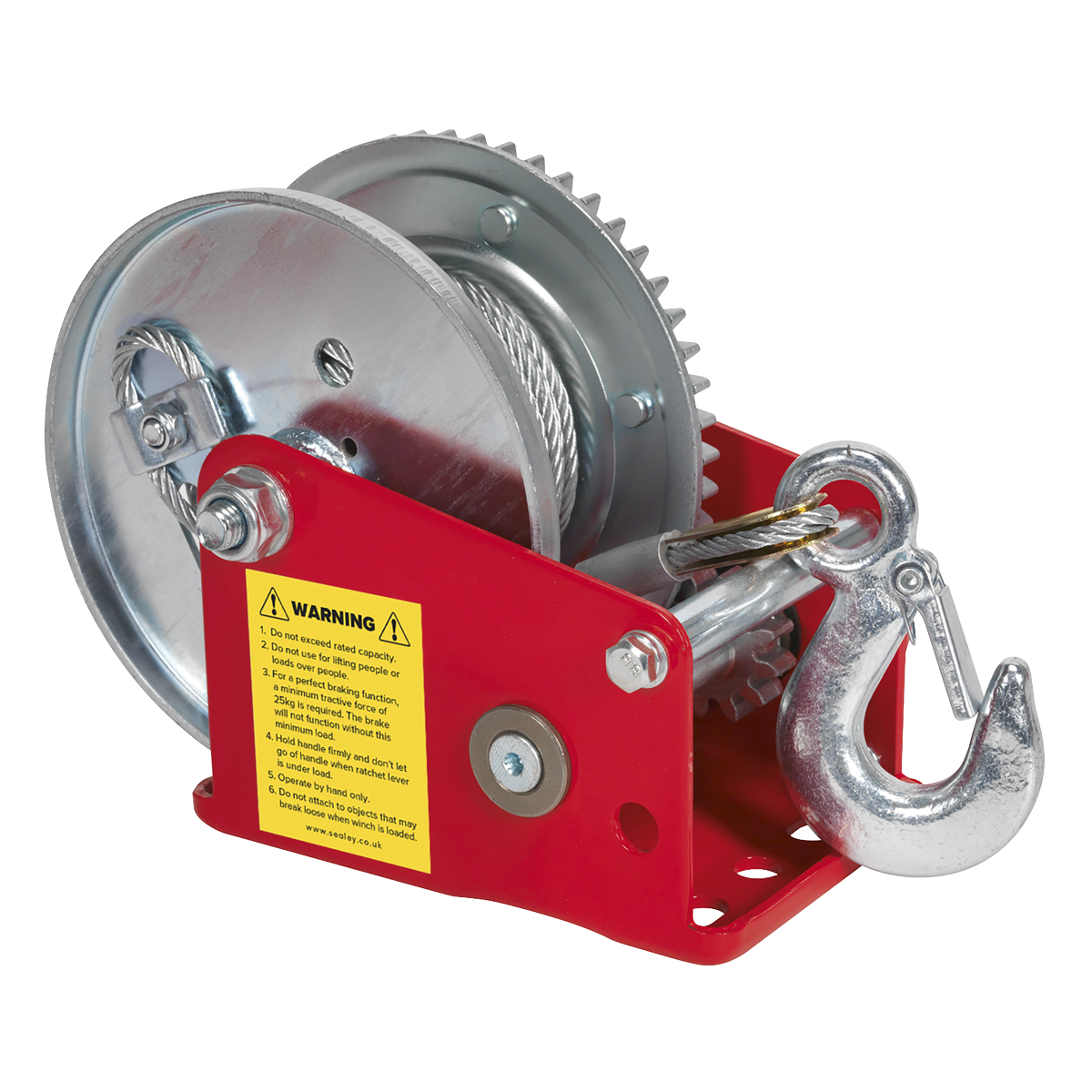 The Sealey Geared Hand Winch with Brake & Cable (model GWC1200B) features a red body, a steel cable, and a hook, complemented by a hardened steel gear. A yellow warning label is attached on the side.