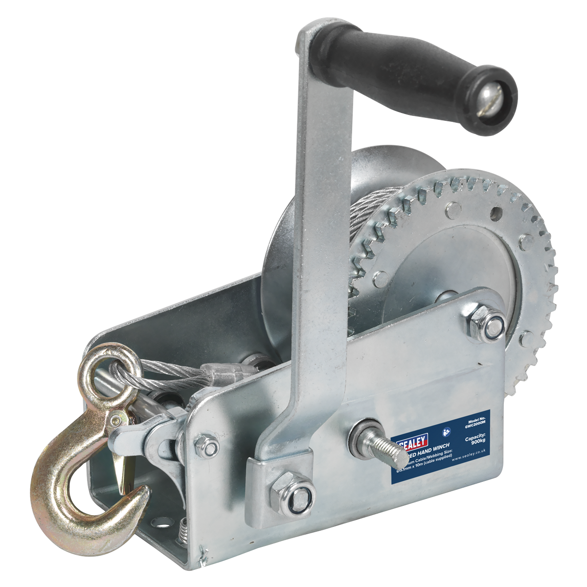 The Geared Hand Winch 900kg Capacity with Cable - GWC2000M by Sealey is equipped with a black handle, a hardened steel crank, and a single gear mechanism. It also features a durable steel cable ending in a hook.