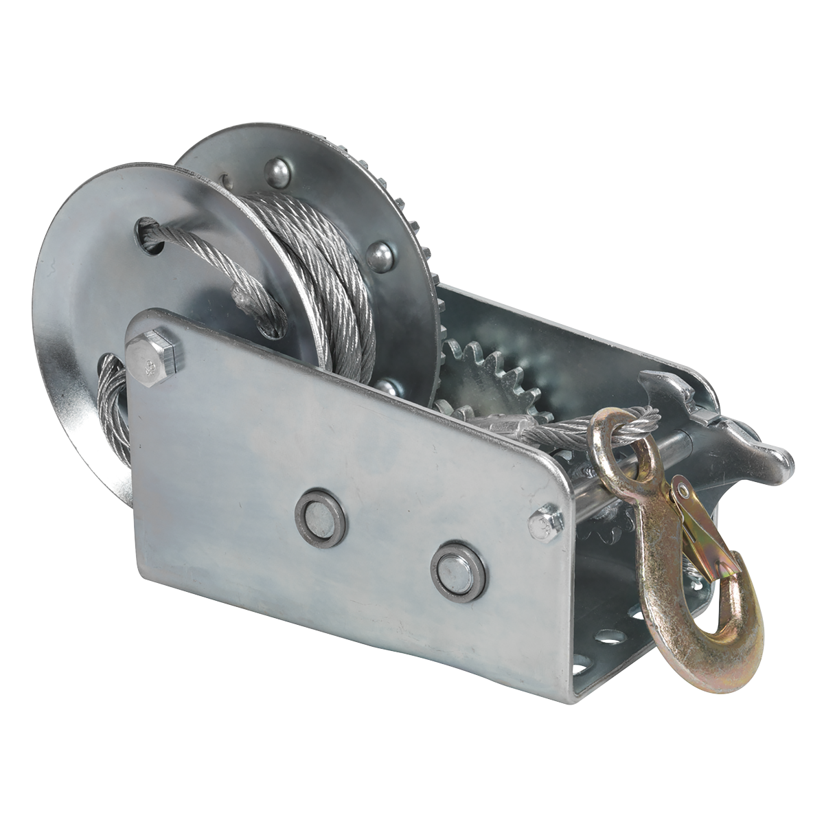 The Sealey Geared Hand Winch 900kg Capacity with Cable - GWC2000M includes a hardened steel cable and hook, boasting a single gear mechanism, a manual brake, and a handle for easy manual operation.