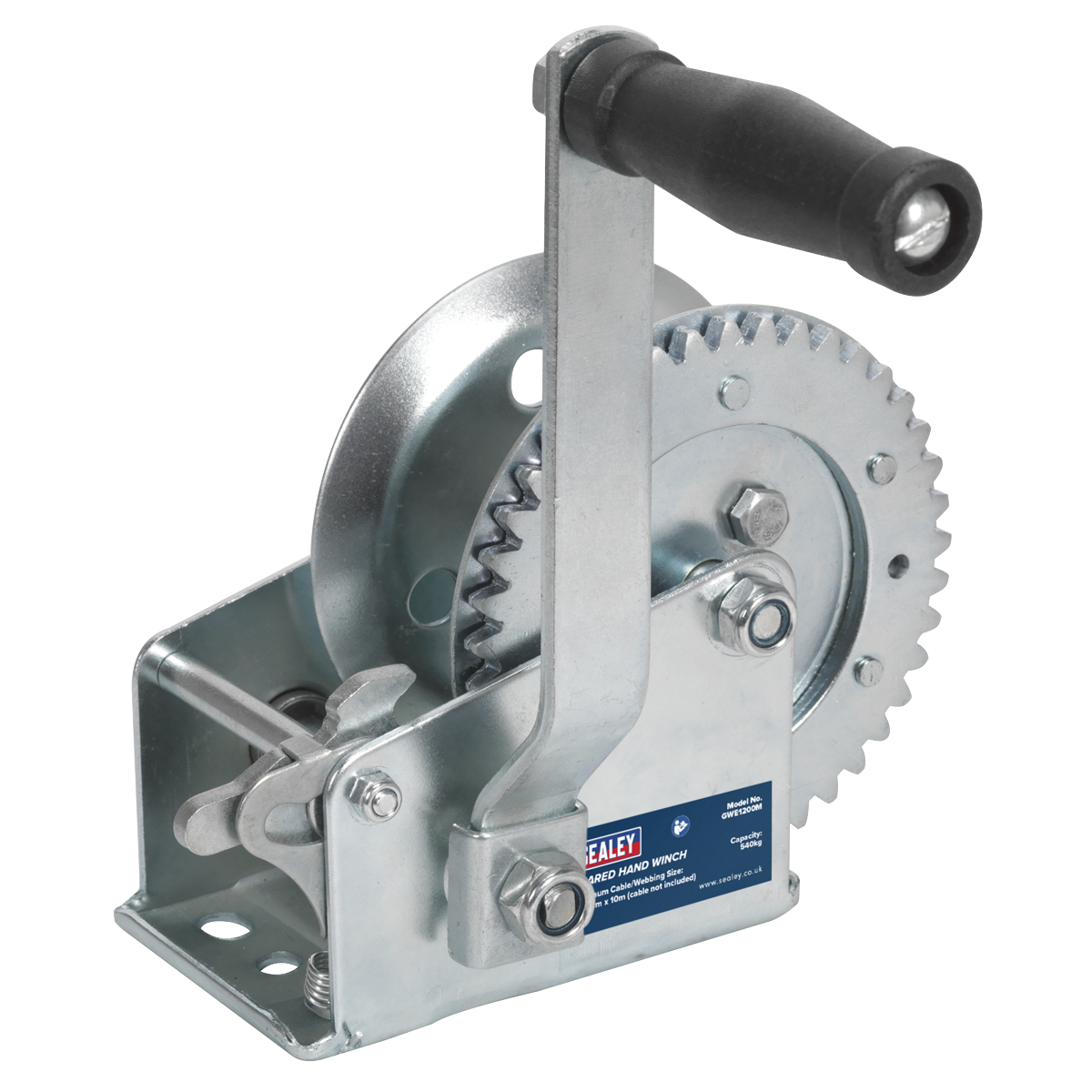 Close-up of the Sealey Geared Hand Winch 540kg Capacity - GWE1200M with a black handle, single gear mechanism, and hardened steel gears. A blue label on the side indicates the brand Sealey. The winch also features a manual brake, designed for lifting or pulling heavy loads.