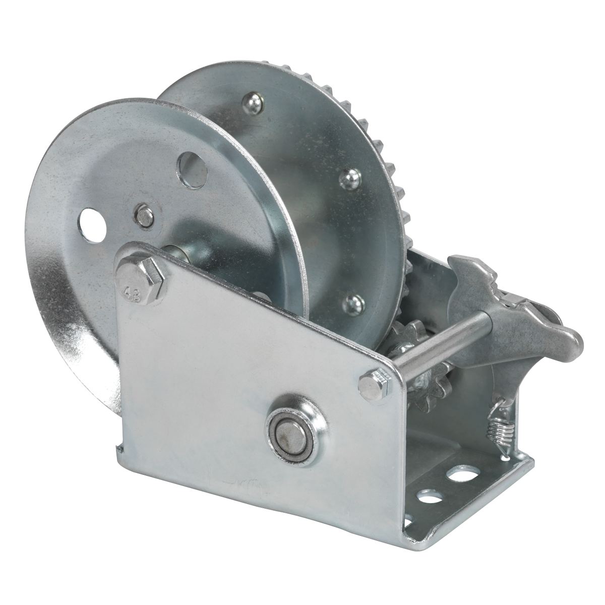 The Sealey Geared Hand Winch 540kg Capacity - GWE1200M features a single gear mechanism, durable hardened steel construction, and a handle, making it ideal for lifting or pulling heavy objects.