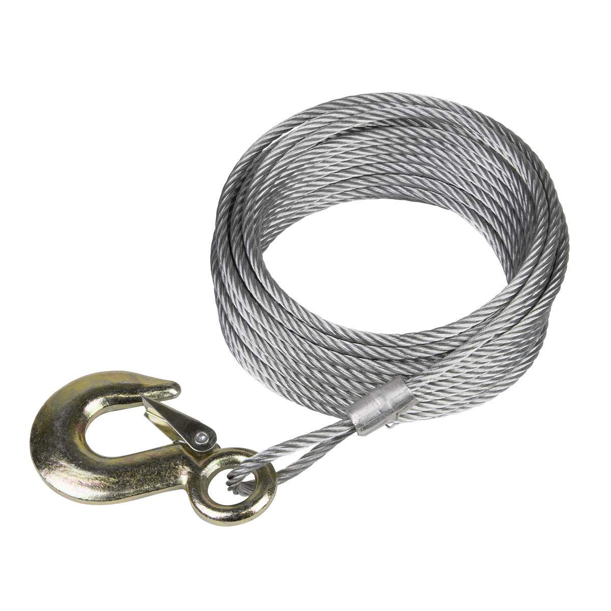 A Sealey Winch Cable 540kg 10m - GWEC12, featuring a coiled steel cable with a metal hook at one end, is designed for towing or winching applications and perfectly complements the GWE1200M Geared Hand Winch.