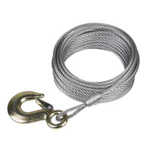 A Sealey Winch Cable 540kg 10m - GWEC12, featuring a coiled steel cable with a metal hook at one end, is designed for towing or winching applications and perfectly complements the GWE1200M Geared Hand Winch.