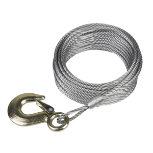 A Sealey Winch Cable 900kg 10m - GWEC20 coiled steel cable with a metal hook attached at one end, perfectly compatible with the GWE2000M geared hand winch for up to 900kg loads.