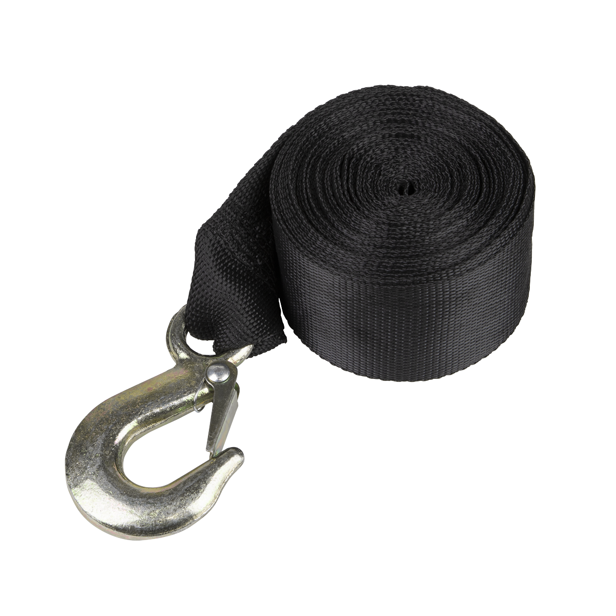 A coiled black tow strap with a metal hook attached at one end, paired perfectly with the Sealey Winch Strap 540kg 7m - GWES12.