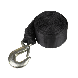 A coiled black tow strap with a metal hook attached at one end, paired perfectly with the Sealey Winch Strap 540kg 7m - GWES12.