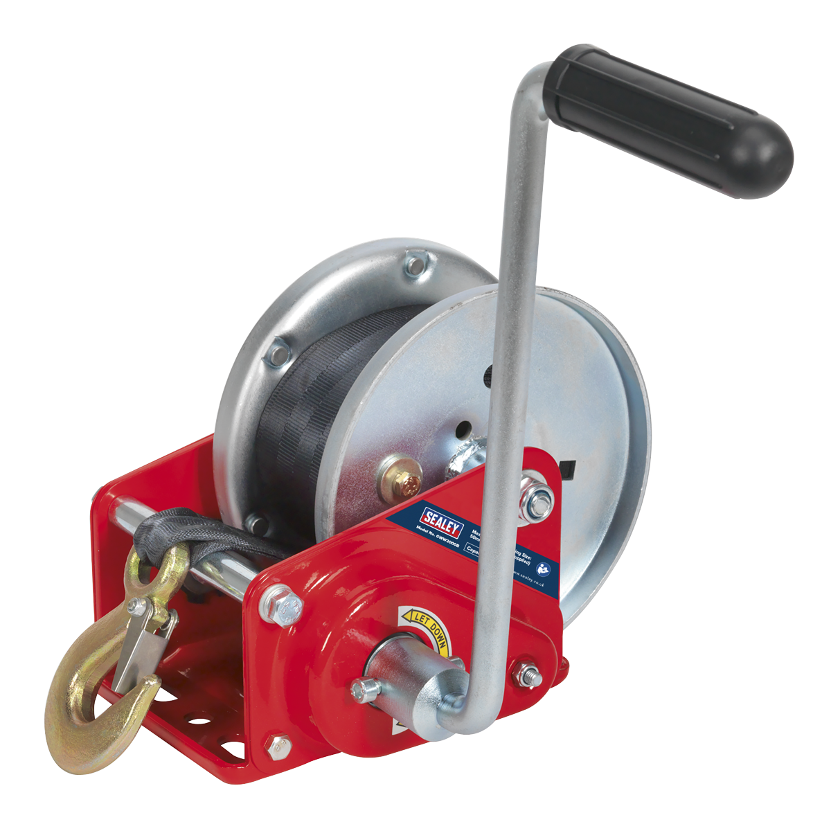 The Sealey Geared Hand Winch with Brake & Webbing 900kg Capacity - GWW2000B features a black handle, red base, metal drum, and a hook attached to a strap. With its hardened steel gear for enhanced durability, it is ideal for recovery operations.