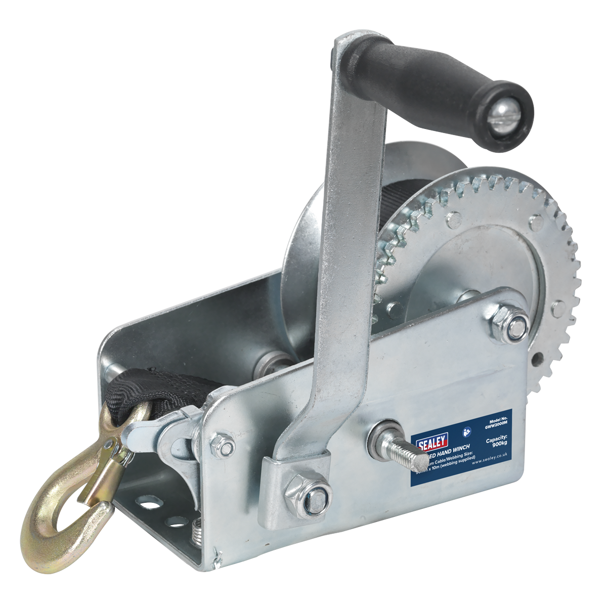 The Sealey Geared Hand Winch 900kg Capacity with Webbing Strap - GWW2000M features a single gear mechanism, a silver finish, a black handle, and a hook attached to a strap. It is mounted on a metal base with hardened steel components and includes a manual brake for added safety.