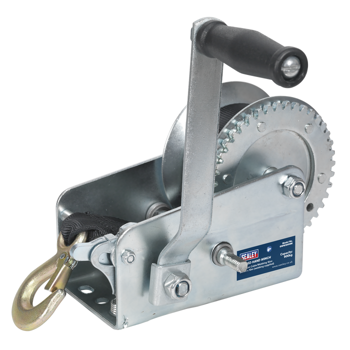 Sealey Geared Hand Winch 900kg Capacity with Webbing Strap GWW2000M