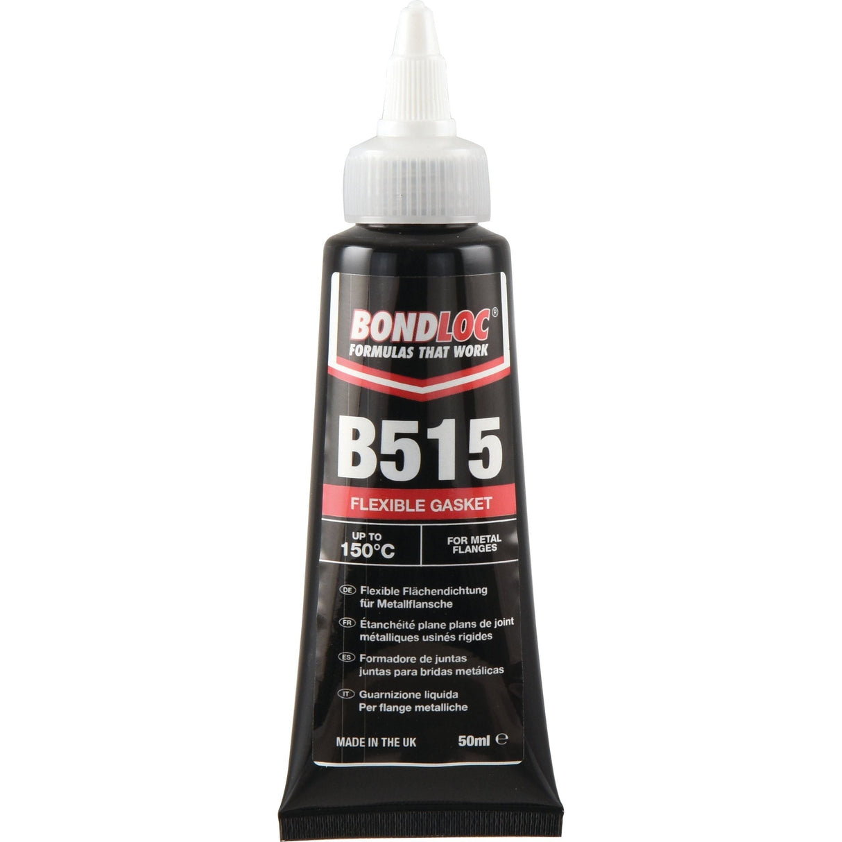 A 50ml tube of Gasket Eliminator B515 - S.24085 by Sparex, designed for metal flanges, featuring a black body, white nozzle, and red and gray highlights. This product is made in the UK and can withstand temperatures up to 150°C, making it ideal for industrial gasketing needs.