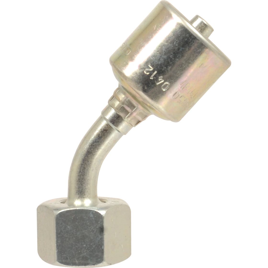 A metallic automotive air conditioning hose fitting with a 135-degree angle bend and M18 x 1.50 female connector, branded as Sparex Gates Metric 24° Hose Insert featuring MegaCrimp technology.