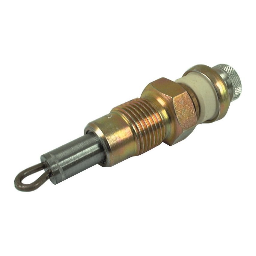 The Glow Plug - S.57699 by Sparex, a metal automotive component featuring a hexagonal nut, an insulated ceramic section, and a specified thread size, is displayed against a white background.