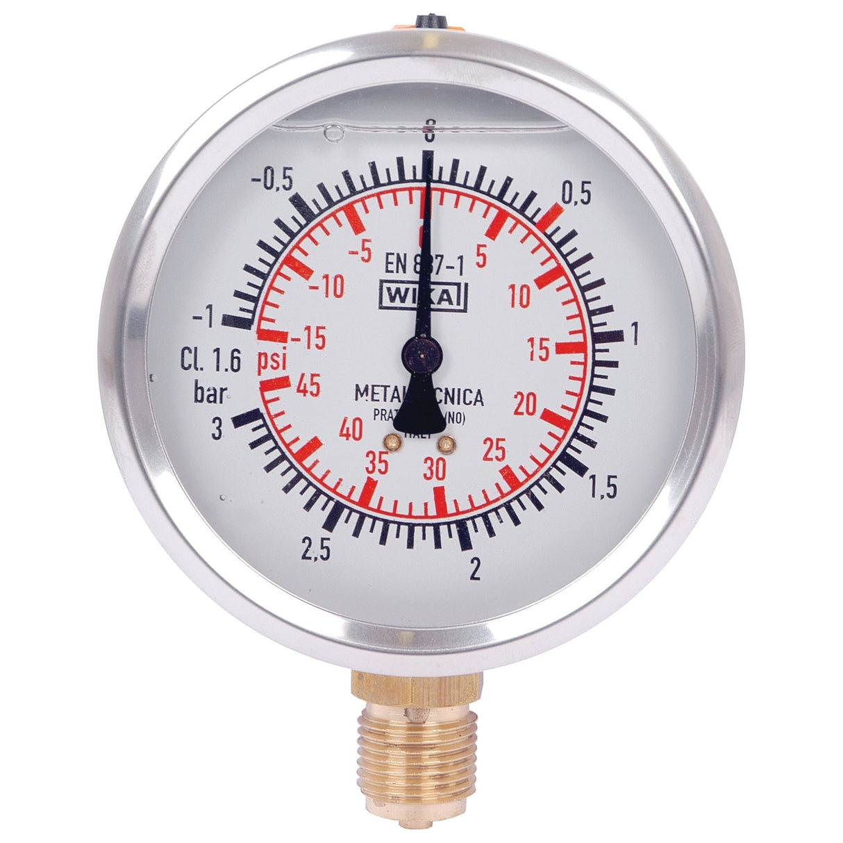 Close-up of a 100mm glycerin pressure gauge, labeled Sparex, displaying measurements in both psi and bar with a range of -15/+45 psi. The needle points slightly above zero. The gauge has a brass connector at the bottom and is marked with various indicators.