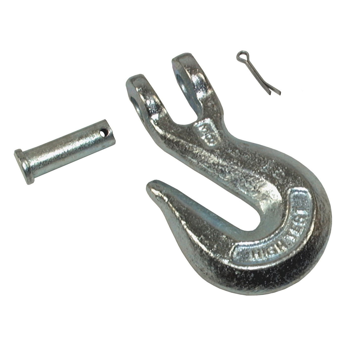 The Sparex Grab Hook 8 mm Ø pin 11mm throat (Part No. S.1458) is equipped with an attached safety pin and cotter pin, designed for securing heavy loads. This high-quality grab hook from Sparex ensures added safety and reliability for your lifting needs.