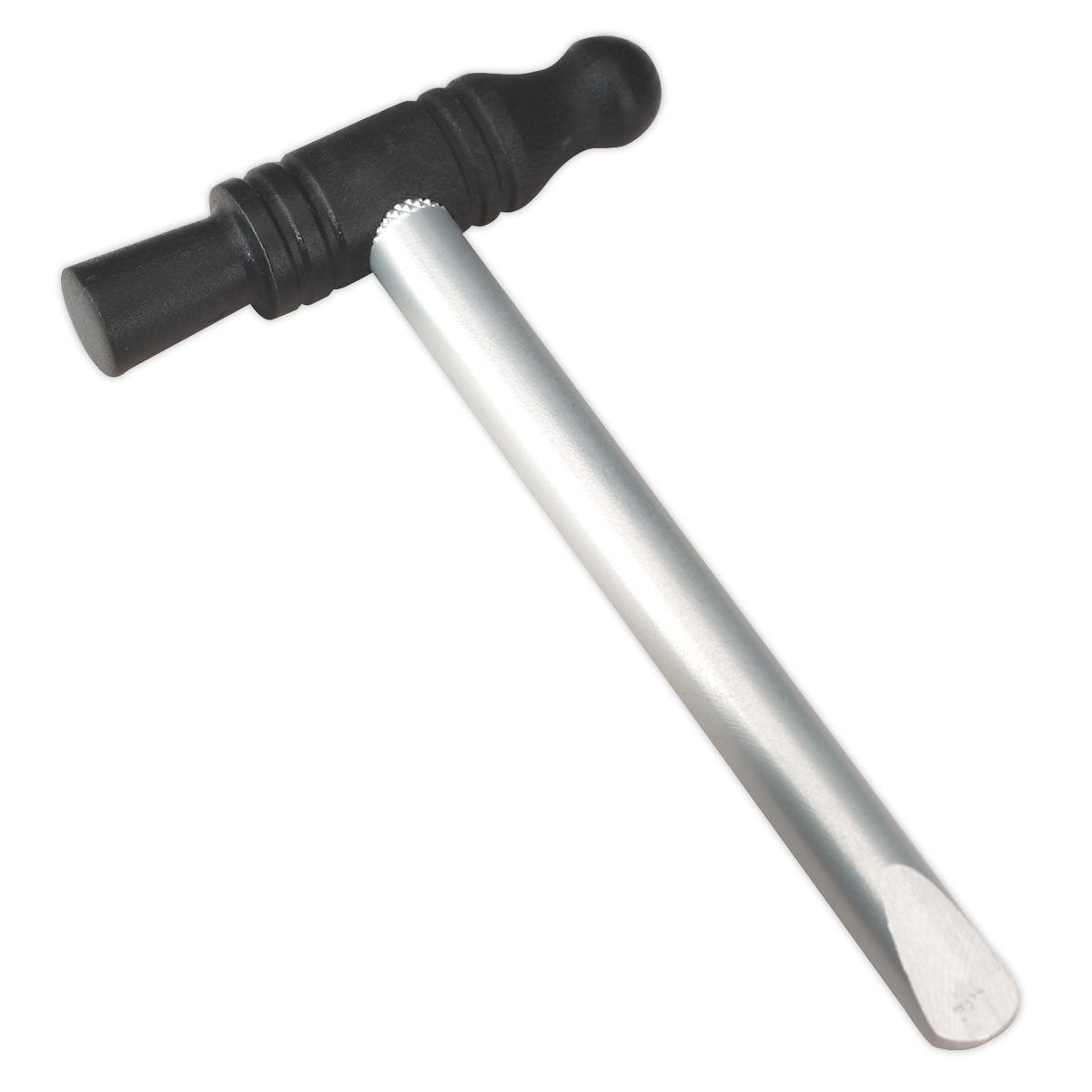 Image of the Sealey Corrosion Assessment Hammer - DVSA Approved - H1MOT, featuring a small hammer with a black, double-sided head and a silver handle. One side of the head is rounded, and the other is flat. Ideal for reliable use as it’s DVSA approved.