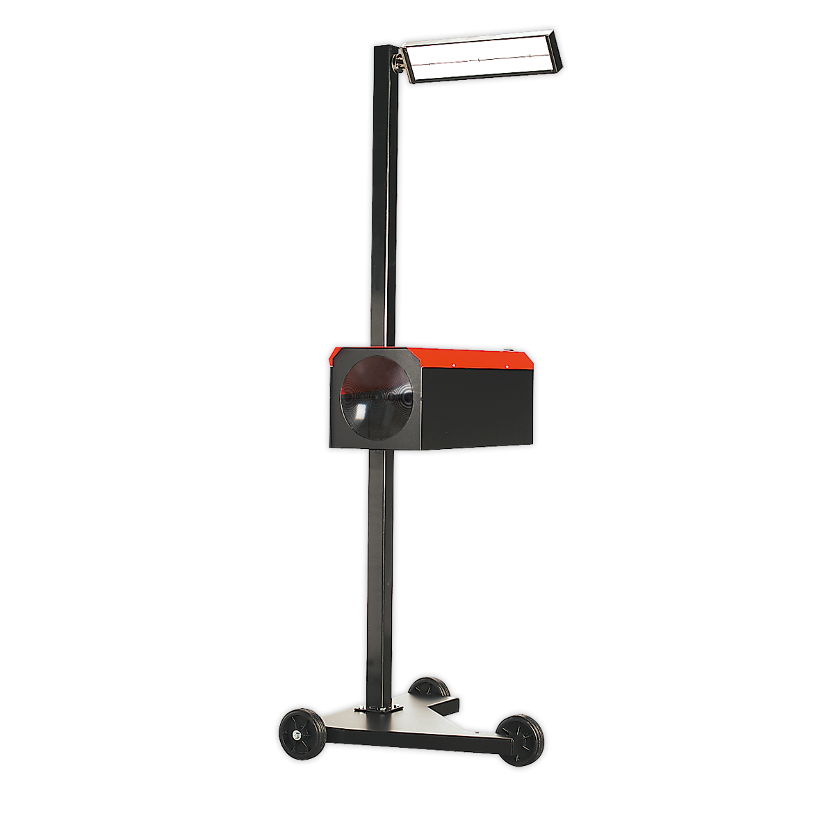 Introducing the Sealey HBS2001 Workshop Headlamp Beam Setter, a black and red portable floodlight with a large lamp at the top, mounted on a three-wheeled base for easy movement—ideal for precise light intensity measurement.