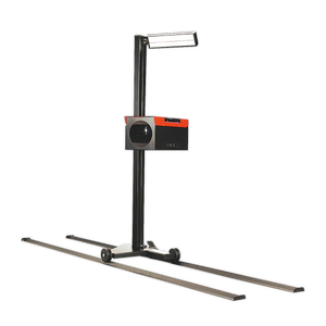 Image of a modern Headlamp Beam Setter with Rails & Commercial Aiming Screen, HBS97.HGV by Sealey, featuring two long supporting arms and a prominent control unit. This HGV certified device boasts a vertical pole with an attached light for better visibility, making it ideal for use in MOT test stations.