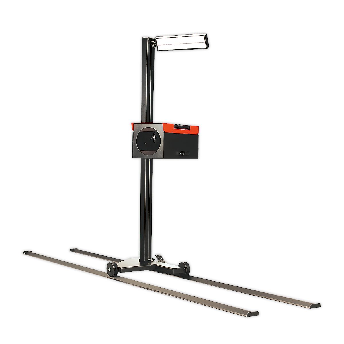 The Sealey Headlamp Beam Setter with Rails (DVSA Approved - HBS97) is a portable scanner with a vertical frame and overhead scanning light, mounted on a black and red base featuring two parallel rails. It is ideal for light intensity measurement in MOT applications, ensuring reliable performance.