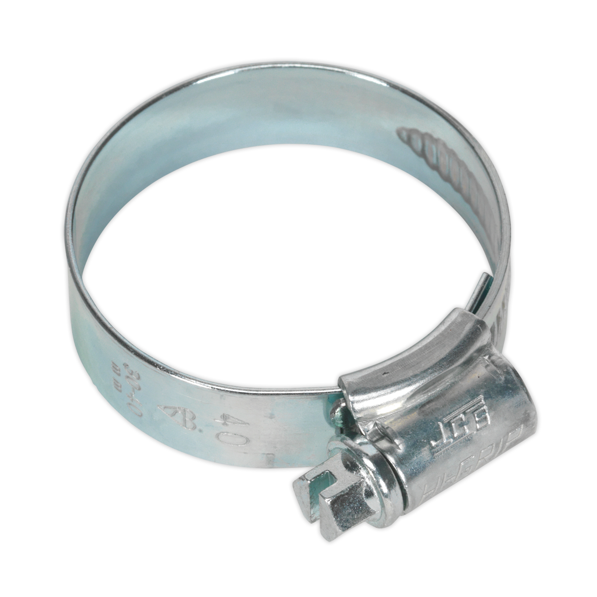 Image of a Sealey HI-GRIP® Hose Clip Zinc Plated Ø30-40mm Pack of 20 - HCJ1X with a screw for tightening and loosening. The HI-GRIP hose clip is circular, designed to efficiently secure hoses onto fittings using its worm drive mechanism.