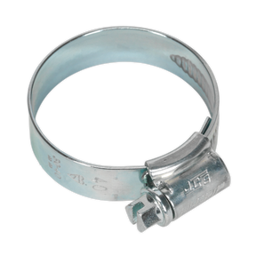 Image of a Sealey HI-GRIP® Hose Clip Zinc Plated Ø30-40mm Pack of 20 - HCJ1X with a screw for tightening and loosening. The HI-GRIP hose clip is circular, designed to efficiently secure hoses onto fittings using its worm drive mechanism.