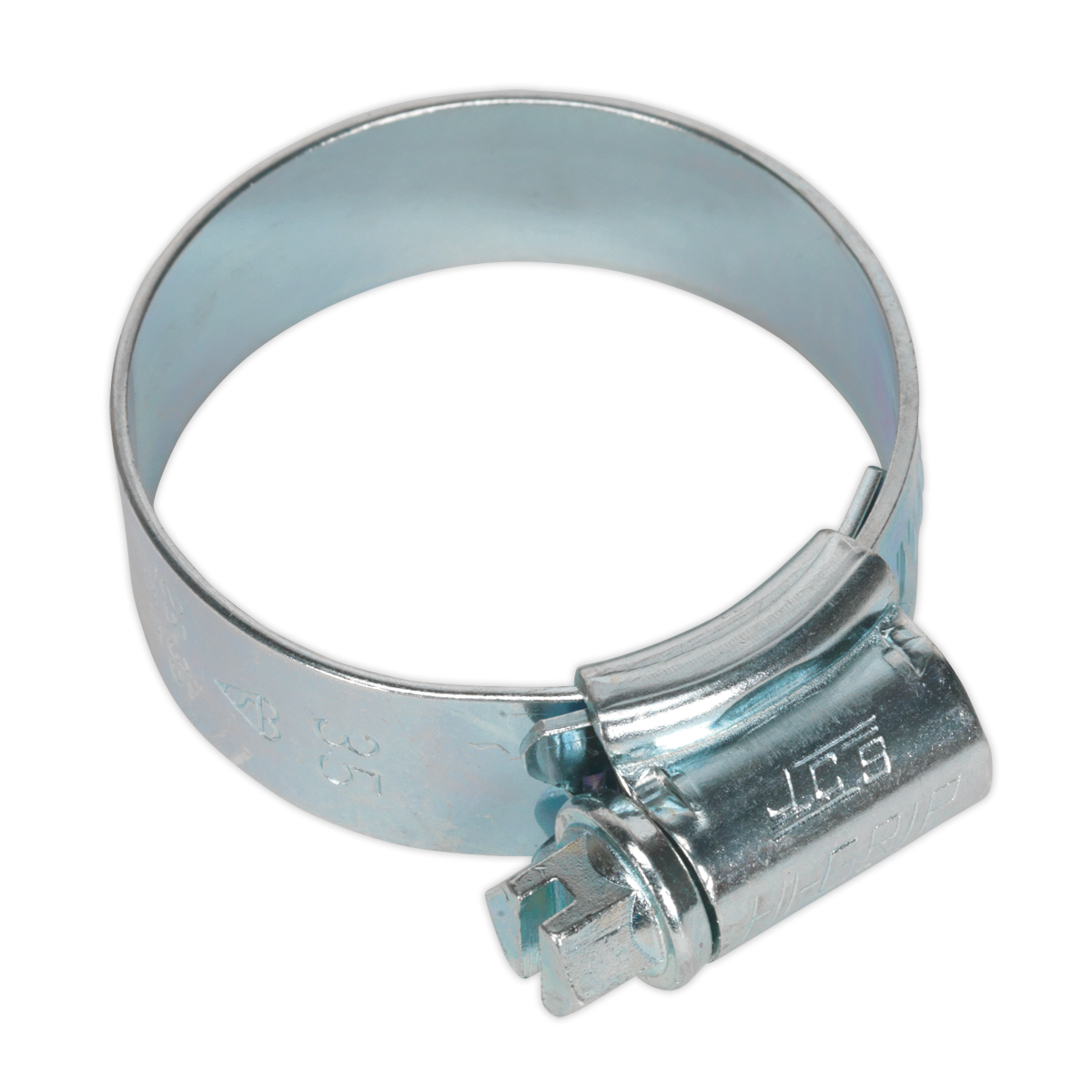 The Sealey HI-GRIP® Hose Clip Zinc Plated Ø25-35mm Pack of 20 - HCJ1 boasts a zinc-plated worm drive mechanism with screw-type adjustment for secure fastening.