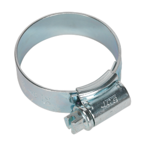 The Sealey HI-GRIP® Hose Clip Zinc Plated Ø25-35mm Pack of 20 - HCJ1 boasts a zinc-plated worm drive mechanism with screw-type adjustment for secure fastening.
