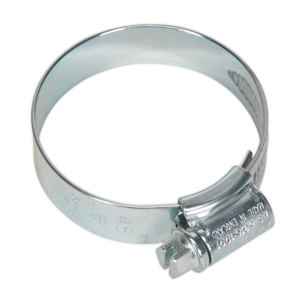 The Sealey HI-GRIP® Hose Clip Zinc Plated Ø35-45mm Pack of 20 - HCJ245 is a metal hose clamp featuring an adjustable worm drive screw mechanism, designed to securely fasten a hose to a fitting while offering extra durability due to its zinc plating.