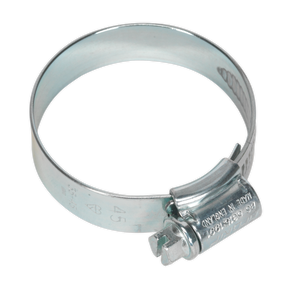 The Sealey HI-GRIP® Hose Clip Zinc Plated Ø35-45mm Pack of 20 - HCJ245 is a metal hose clamp featuring an adjustable worm drive screw mechanism, designed to securely fasten a hose to a fitting while offering extra durability due to its zinc plating.