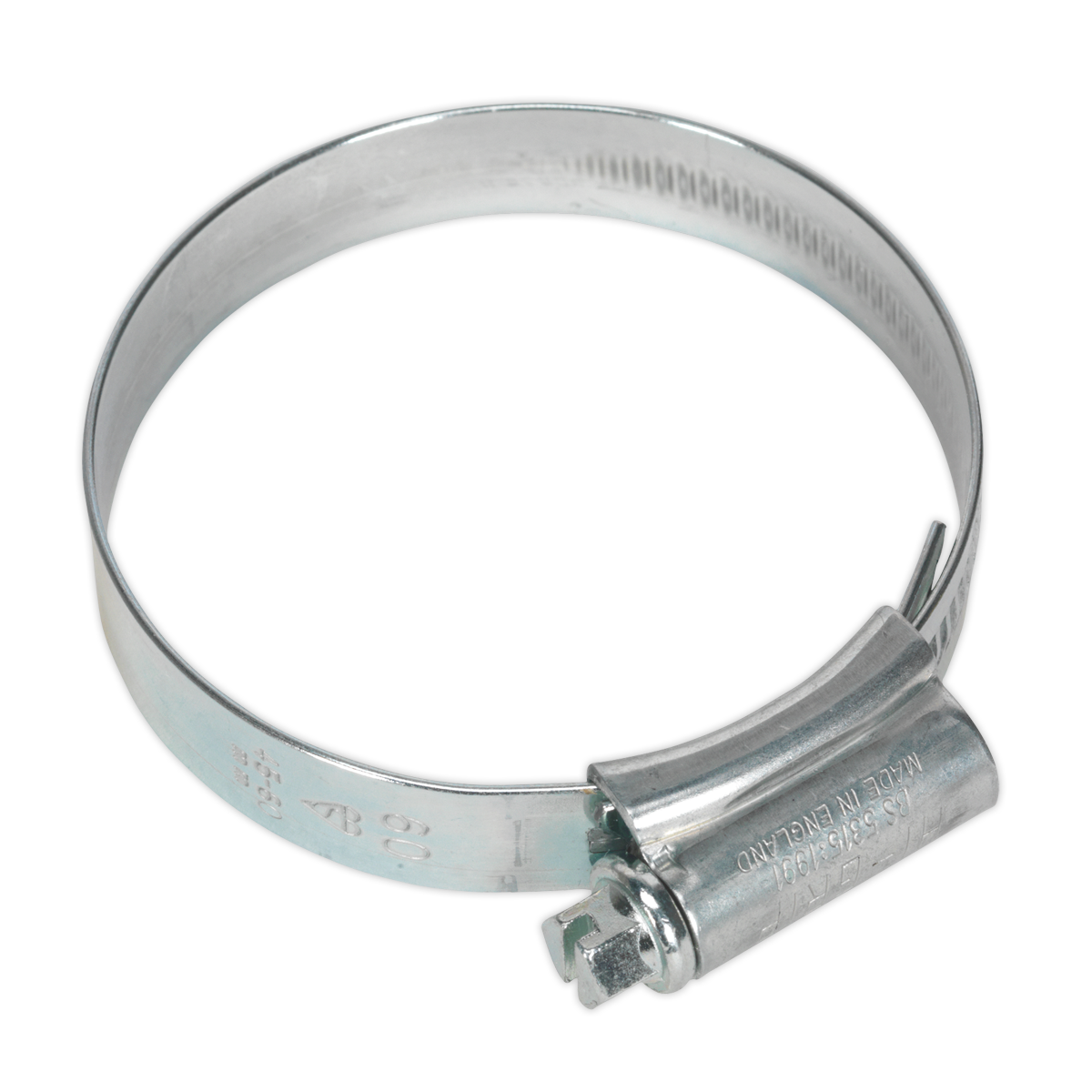 The Sealey HI-GRIP® Hose Clip Zinc Plated Ø45-60mm Pack of 20 - HCJ2X is a zinc-plated, silver metallic hose clamp with a screw for tightening. The band, designed as a worm drive hose clip, is adjustable and features engraved measurements.