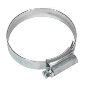 The Sealey HI-GRIP® Hose Clip Zinc Plated Ø45-60mm Pack of 20 - HCJ2X is a zinc-plated, silver metallic hose clamp with a screw for tightening. The band, designed as a worm drive hose clip, is adjustable and features engraved measurements.