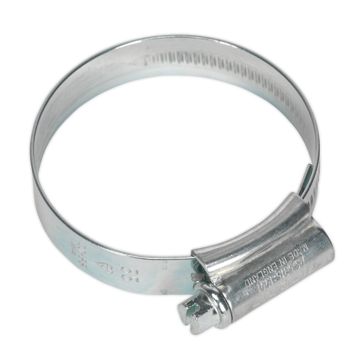 The Sealey HI-GRIP® Hose Clip Zinc Plated Ø40-55mm Pack of 20 - HCJ2 is a zinc-plated hose clip featuring a worm drive screw mechanism for tightening, specifically designed to secure hoses to fittings.