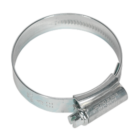 The Sealey HI-GRIP® Hose Clip Zinc Plated Ø40-55mm Pack of 20 - HCJ2 is a zinc-plated hose clip featuring a worm drive screw mechanism for tightening, specifically designed to secure hoses to fittings.