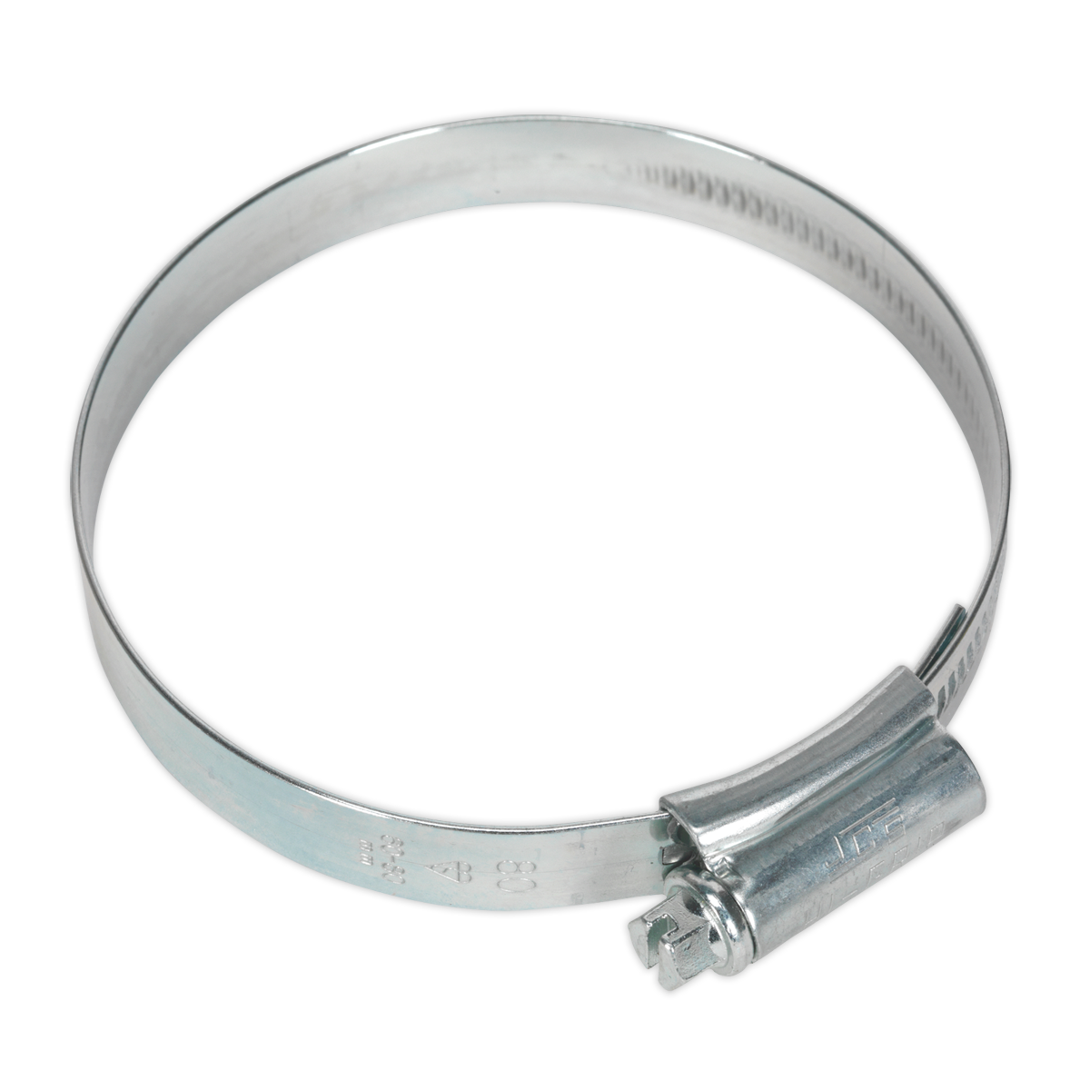 A HI-GRIP® Hose Clip Zinc Plated Ø60-80mm from Sealey, available in a pack of 10 (HCJ3X), features a worm drive mechanism and is commonly used to secure hoses onto fittings to prevent leaks. The zinc plating provides added durability.