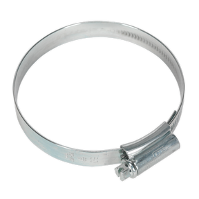 A HI-GRIP® Hose Clip Zinc Plated Ø60-80mm from Sealey, available in a pack of 10 (HCJ3X), features a worm drive mechanism and is commonly used to secure hoses onto fittings to prevent leaks. The zinc plating provides added durability.