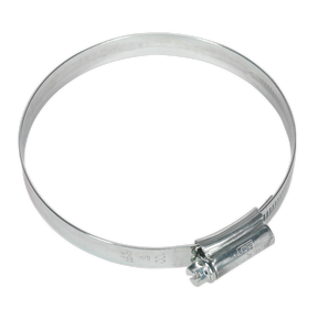 A close-up of a metallic Sealey HI-GRIP® Hose Clip Zinc Plated Ø80-100mm with a worm drive screw mechanism from the HCJ4X pack of 10. The clamp is in an open, circular position against a plain white background.