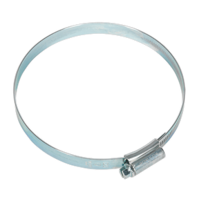 Introducing the Sealey HI-GRIP® Hose Clip Zinc Plated Ø90-120mm Pack of 10 - HCJ5, which features a circular band and a worm drive screw mechanism for precise tightening.