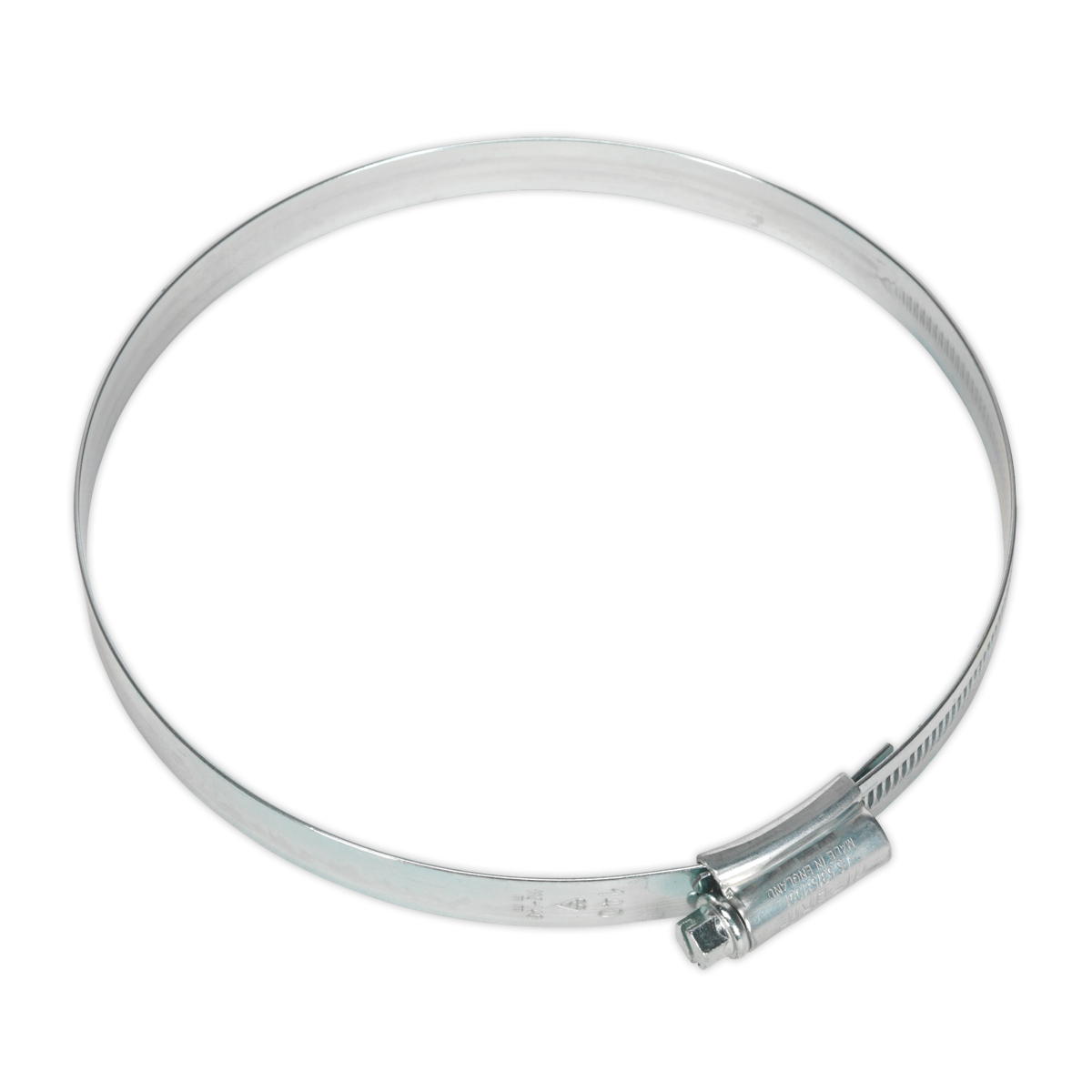 A Sealey HI-GRIP® Hose Clip Zinc Plated Ø110-140mm, featuring an adjustable screw mechanism on one side and a durable zinc-plated finish, available in a pack of 10 - HCJ6.