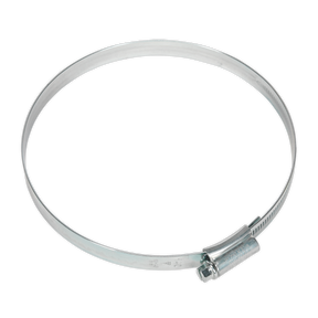 A Sealey HI-GRIP® Hose Clip Zinc Plated Ø110-140mm, featuring an adjustable screw mechanism on one side and a durable zinc-plated finish, available in a pack of 10 - HCJ6.