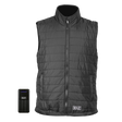 A water-resistant Sealey 5V Heated Puffy Gilet with a black quilted design, front zipper, and pockets. The gilet includes a Sealey-branded battery pack, has three heating zones, and offers an adjustable size for optimal comfort.