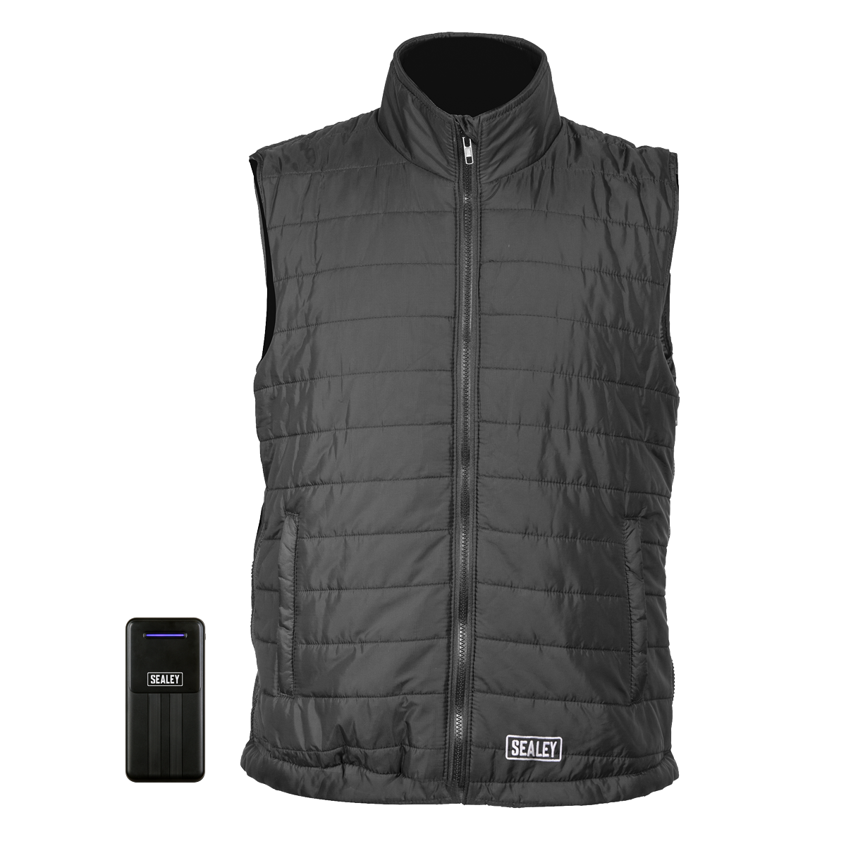 A water-resistant Sealey 5V Heated Puffy Gilet with a black quilted design, front zipper, and pockets. The gilet includes a Sealey-branded battery pack, has three heating zones, and offers an adjustable size for optimal comfort.