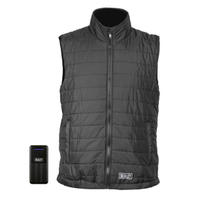 A water-resistant Sealey 5V Heated Puffy Gilet with a black quilted design, front zipper, and pockets. The gilet includes a Sealey-branded battery pack, has three heating zones, and offers an adjustable size for optimal comfort.