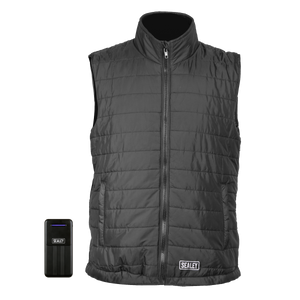 A water-resistant Sealey 5V Heated Puffy Gilet with a black quilted design, front zipper, and pockets. The gilet includes a Sealey-branded battery pack, has three heating zones, and offers an adjustable size for optimal comfort.