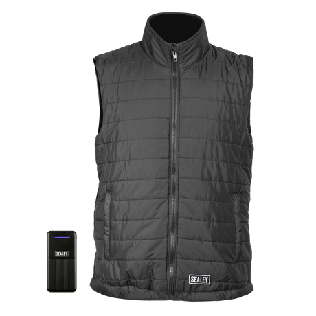 A water-resistant Sealey 5V Heated Puffy Gilet with a black quilted design, front zipper, and pockets. The gilet includes a Sealey-branded battery pack, has three heating zones, and offers an adjustable size for optimal comfort.